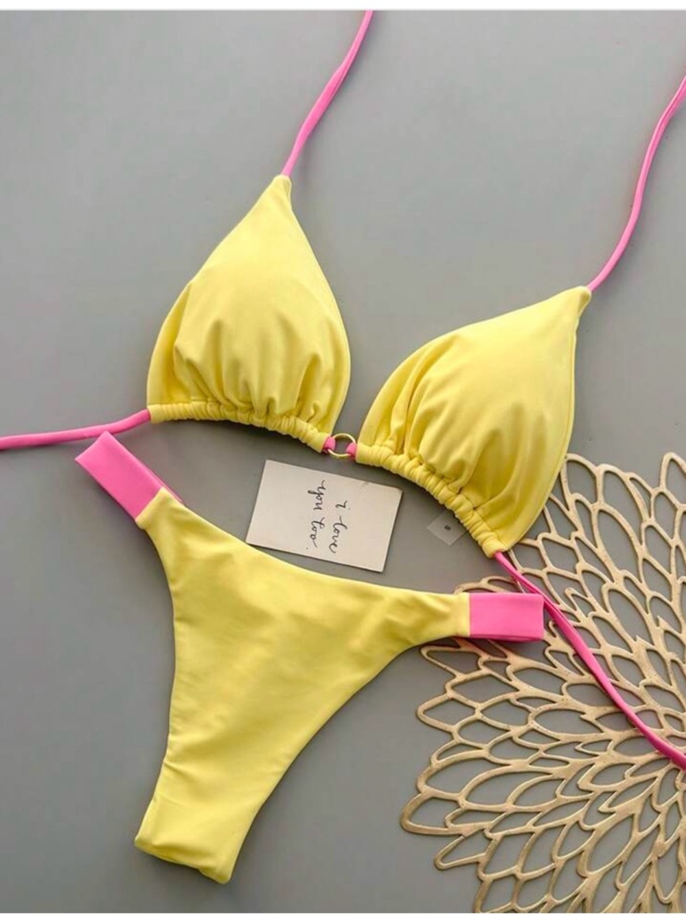 Yellow Triangle Bikini with Pink Straps